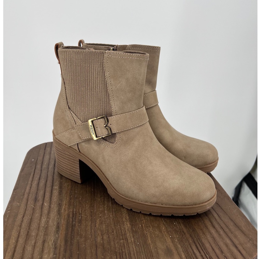 Dr. Scholls Parker Taupe Brown Faux Suede Ankle Boots Block Heel Buckle 8M NWOT